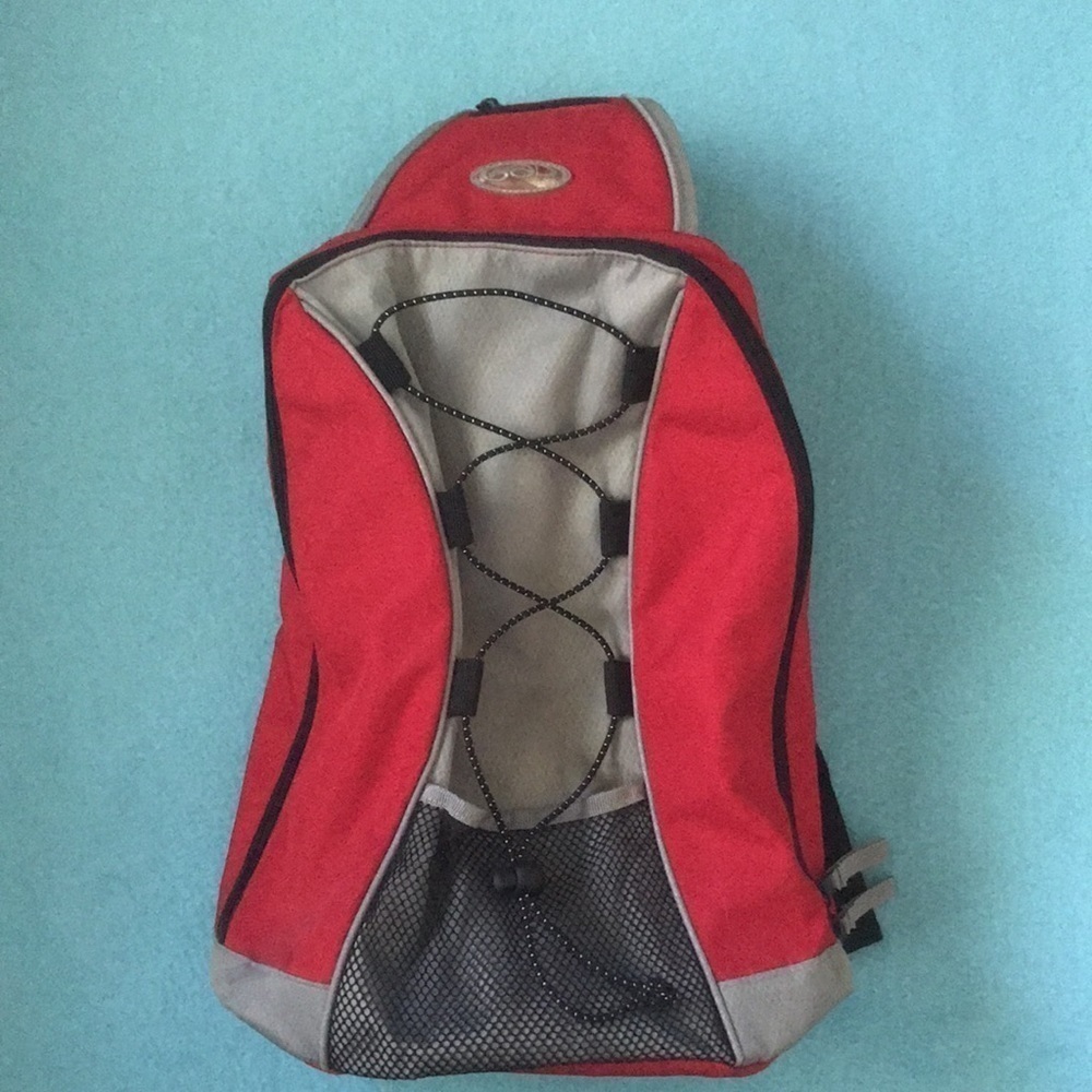 GAP sling bag red gray one main pocket, one mesh pocket with bungee cord area
